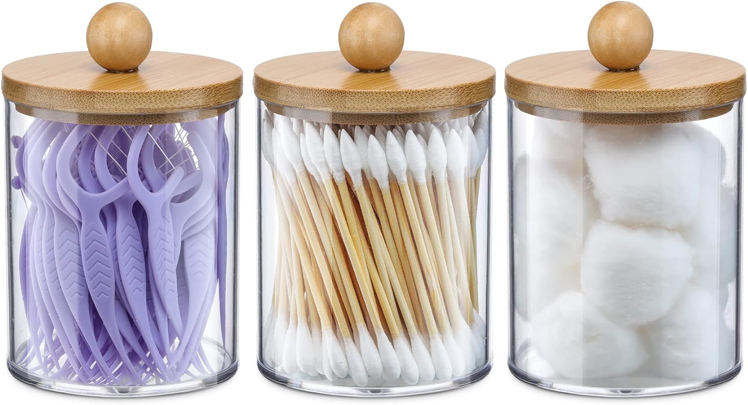 Holder Dispenser with Bamboo Lids, Clear Plastic Jar, Containers for Vanity, Storage Jars, Bathroom Accessories Set for Cotton Swab -10 oz (4 Pcs) Holder Dispenser with Bamboo Lids, Clear Plastic Jar, Containers for Vanity, Storage Jars, Bathroom Accessories Set for Cotton Swab -10 oz (4 Pcs)